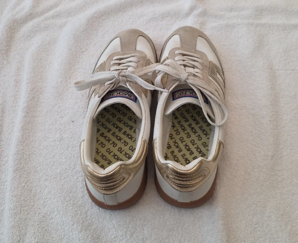 Back 70 Women's White & Taupe Lace-Up Sneakers with Metallic Gold Accent - Picture 2 of 8